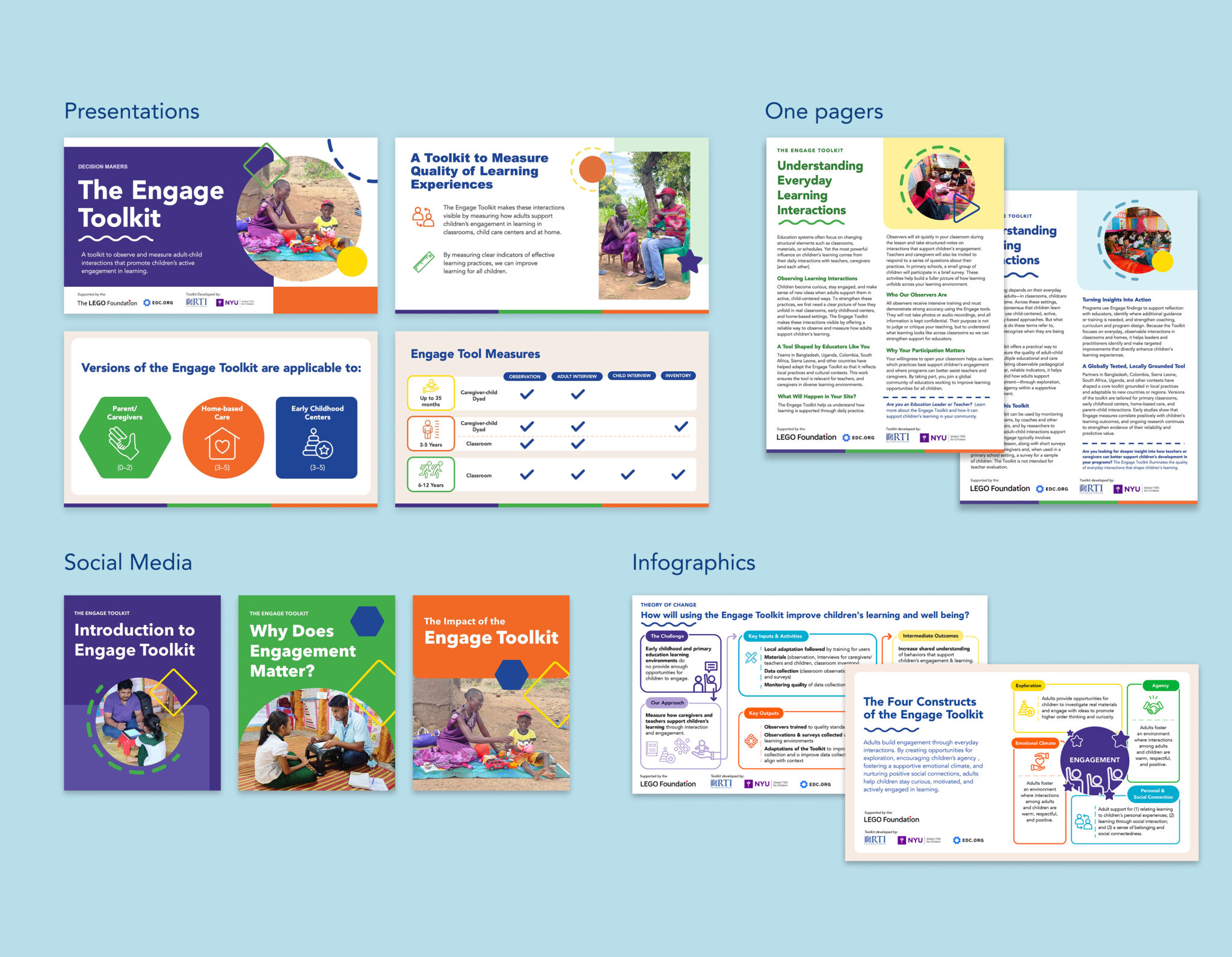 Material design includes presentations, one pagers, social media templates, and infographics.