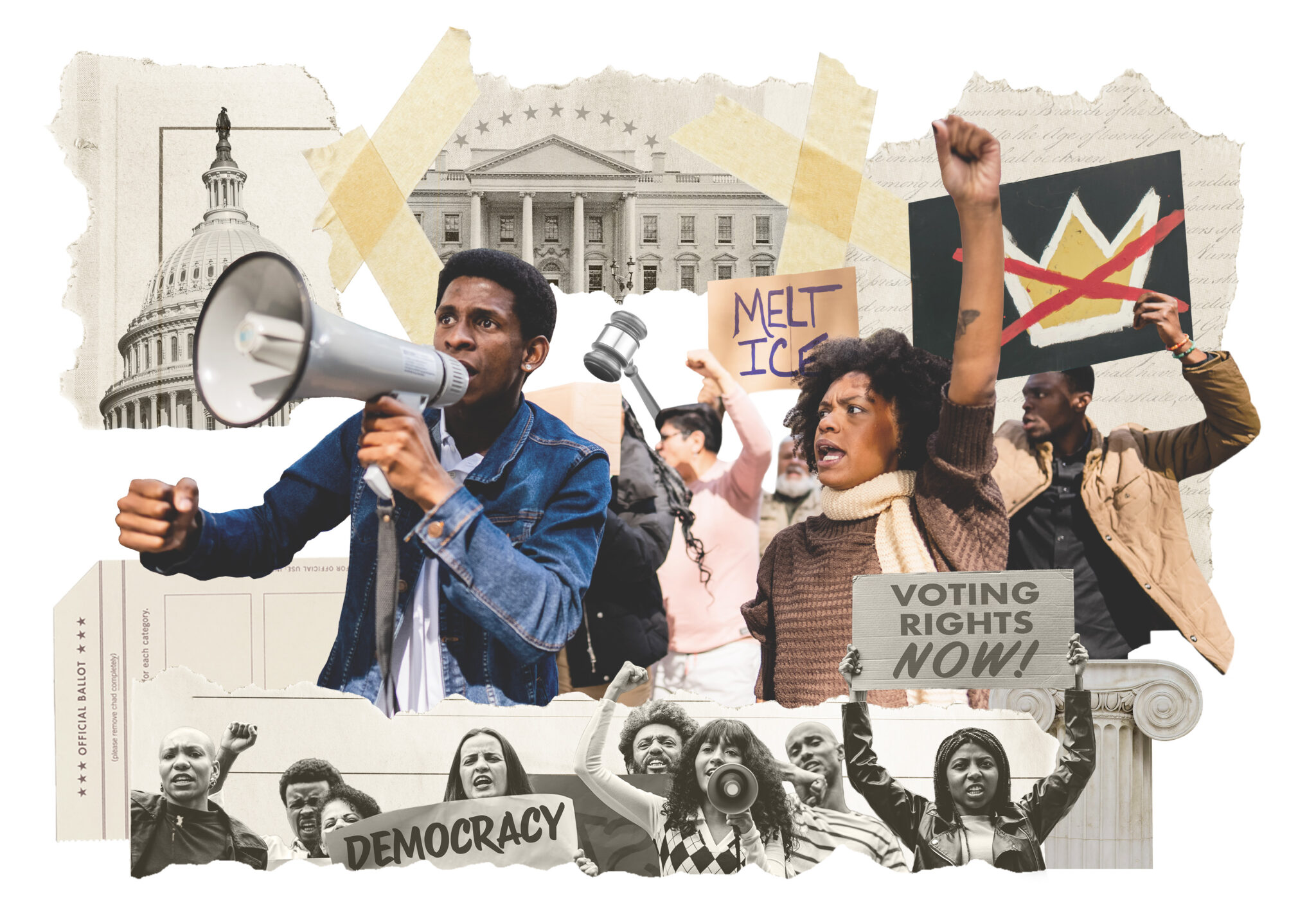 Collage cover for FrameWorks Institute Culture Change Project 2026 Report 'From Protecting the Status Quo to a Vision for Change Framing Democracy in a Time of Authoritarianism'. Collage Cover by Doug Knapton