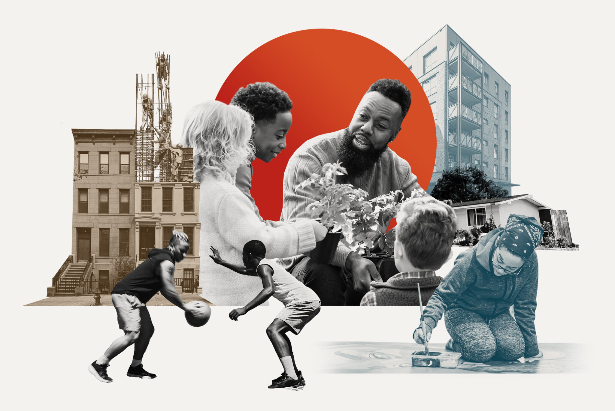 Collage cover for FrameWorks Institute Spacial Justice Report. Collage Cover by Doug Knapton