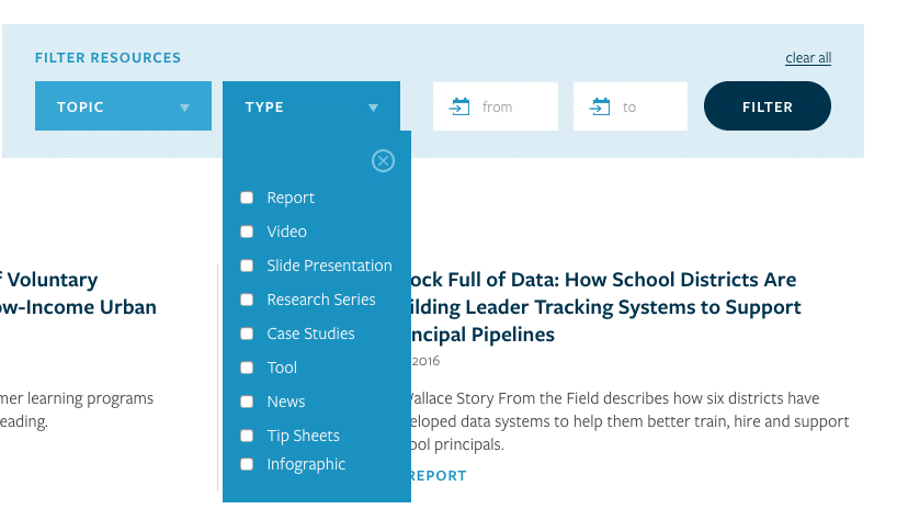 A screenshot from a website shows an example of filtering design, allowing users to filter resources by topic, type and date.