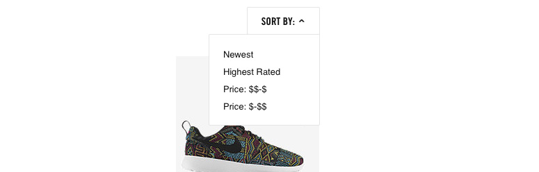 A screenshot of the Nike website, shows a sorting option that allows users to sort shoes by Newest, Highest Rated, Lowest Price or Highest Price
