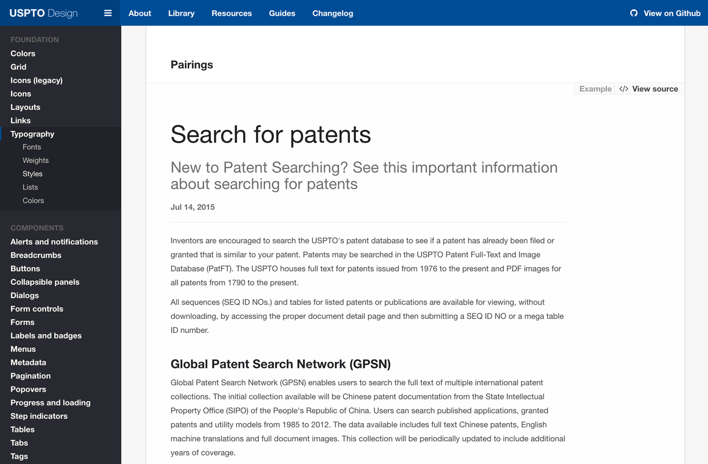 example of text hierarchy from U.S. Patent Office