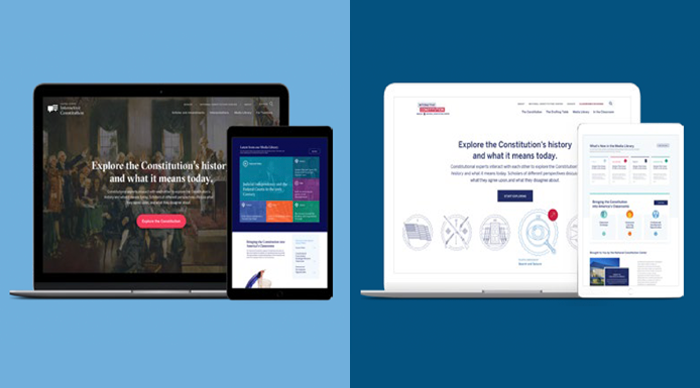 Two different digital web design options for The Interactive Constitution shown on desktop abd tablet.