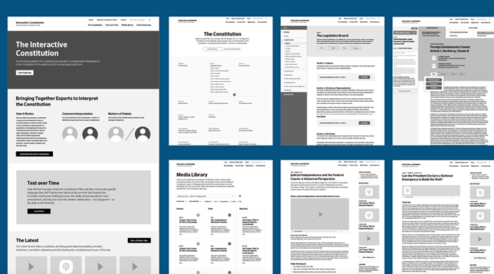 Wireframes of the new digital web design for The Interactive Constitution.
