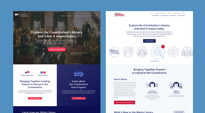 Home page of both digital web design options for the new Interactive Constitution.