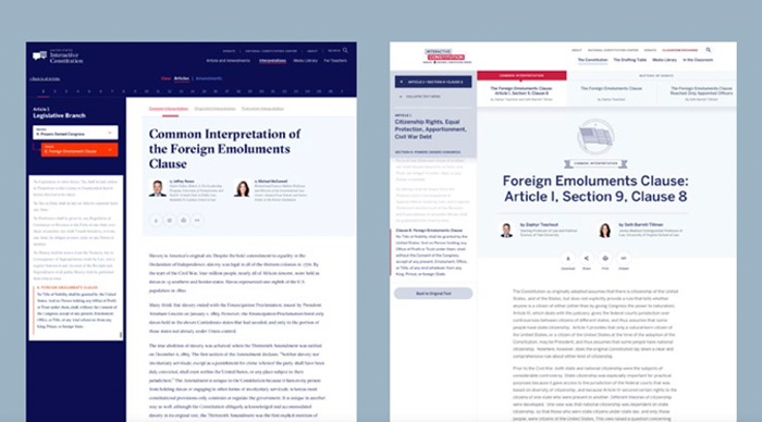 Different interpretation web pages for clauses within The Interactive Constitution.