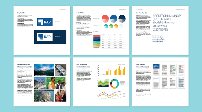 RAP's new logo, guidelines for data visualizations, and other guidelines that will dictate RAP's new communications design system.