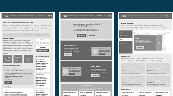 Wireframes of new communications design system for RAP by Constructive.