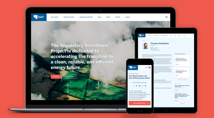 The webpage of RAP's new website which is central to their new communications design system, shown on desktop, tablet, and mobile.