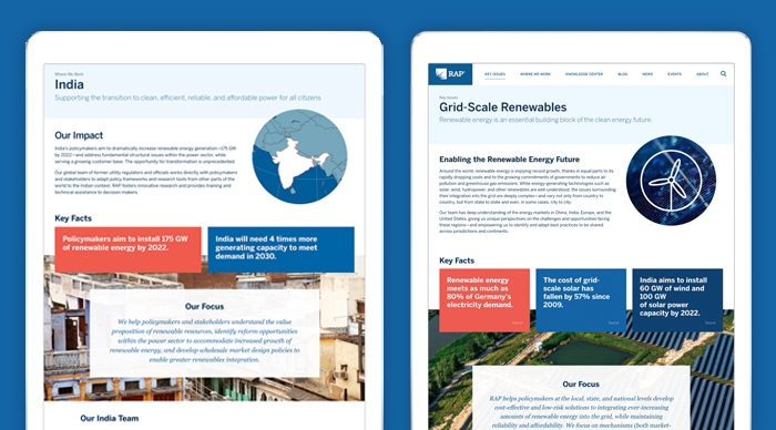 Hub pages for India and grid-scale renewables from RAP's brand new site designed by Constructive.