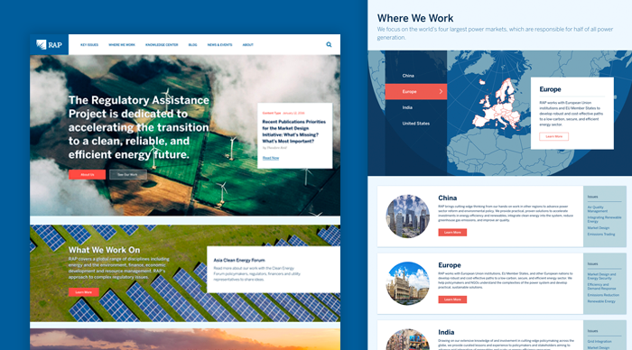 Clear and editorial webpages on RAP's new site that are central to the new communications design system.
