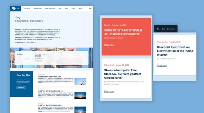 Web pages from RAP's new site shown in various different languages.