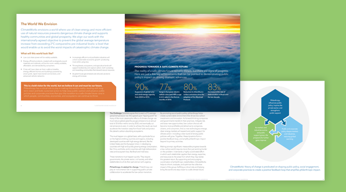 Image of two pieces of Climatework's redesigned climate action communications strategy translating their research into comprehensive text and visualizations that are visually appealing.