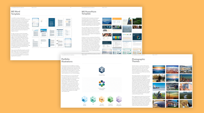 Image of document outlining Climatework's new climate action communications strategy with word templates, powerpoint templates, portfolio illustrations and photographic themes curated by Constructive.