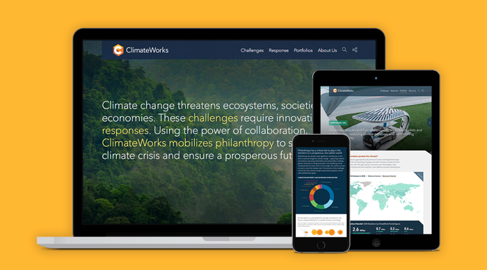 Image of Climatework's redesigned climate action site on a laptop, ipad, and mobile display. 
