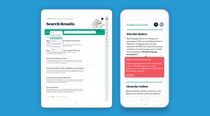 Education nonprofit digital report design interactive glossary for California's Gold