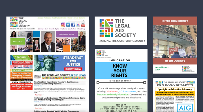 Example images of The Legal Aid Society's previous logo, website, and publications that were cluttered and visually overwhelming.