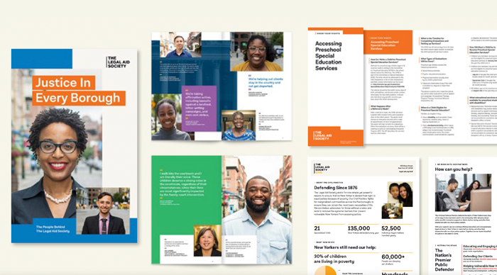 Examples of designed paper publications designed by Constructive for The Legal Aid Society to better support their justice work.