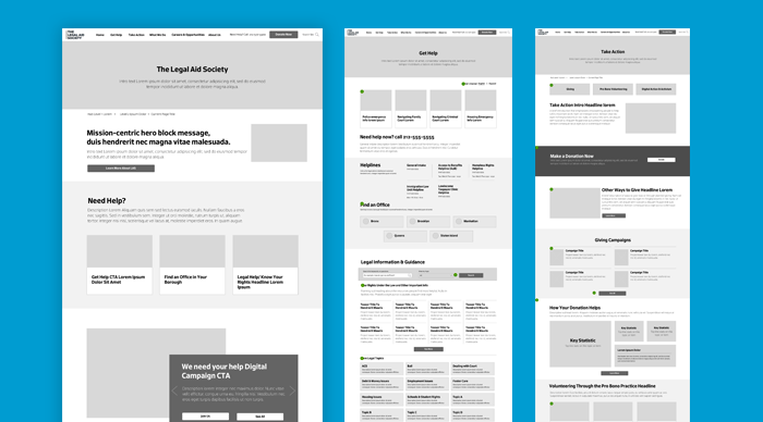 Wireframes of The Legal Aid Society's new site designed by Constructive.