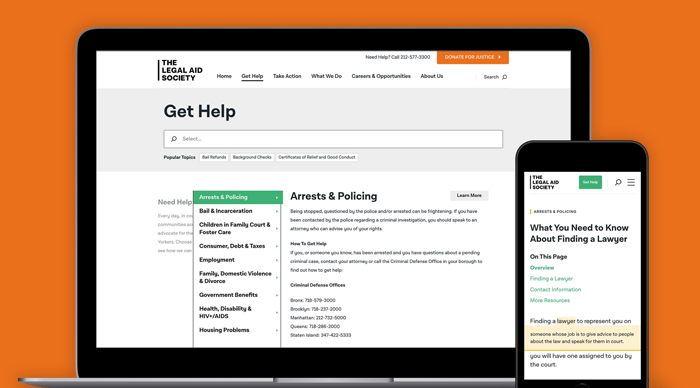 The Get Help part of The Legal Aid Society's website displayed on a laptop and phone.
