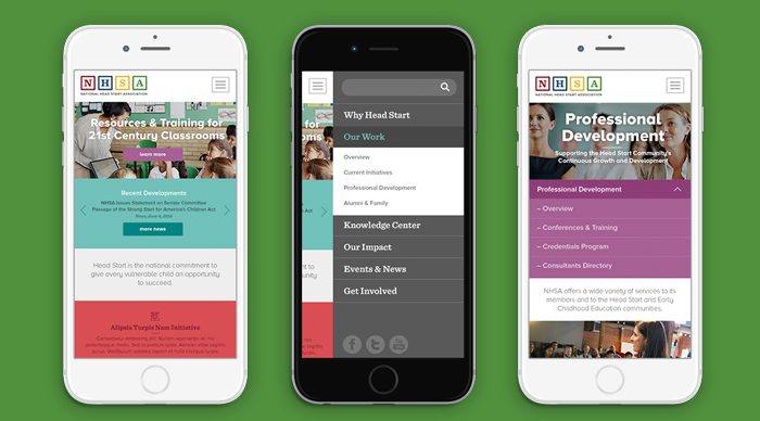 responsive website design for nonprofit NHSA shown in mobile phones
