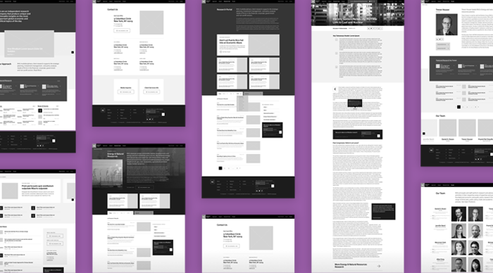 Wireframes for Rhodium Group's new site designed by Constructive.