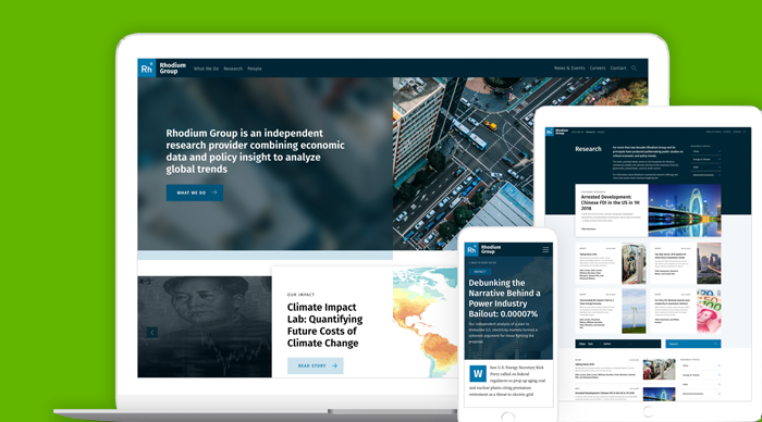 Rhodium Group's new global economic research website design that will be an organized and easy to navigate hub for their economic research efforts displayed on a laptop, iphone and ipad.