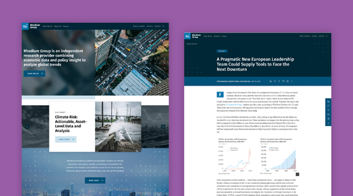 Designed pages for Rhodium Group's new site that is built to support their economic research insights.