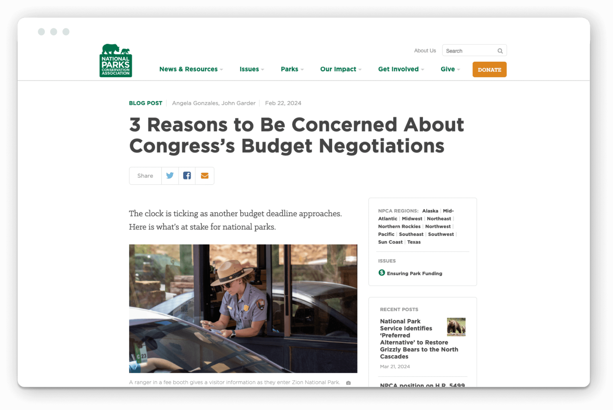 Screengrab of web page of NPCA blog on 3 reasons to be concerned about Congress' budget negotiations.