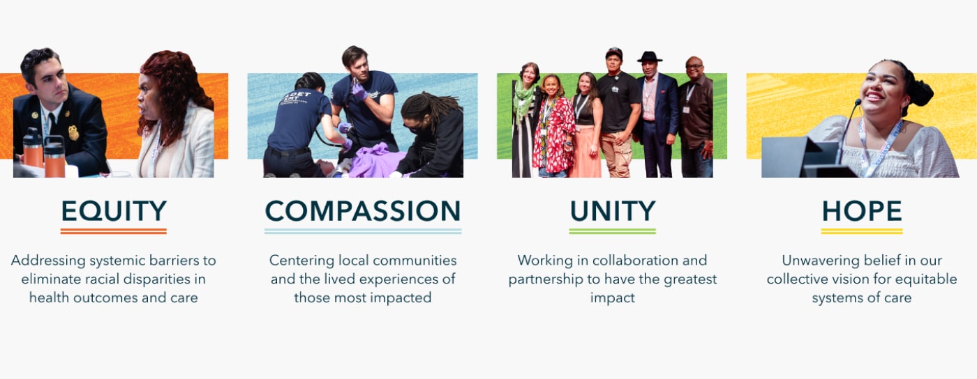 Four brand pillars Equity, Compassion, Unity, and Hope are paired with bold colors and authentic photography.