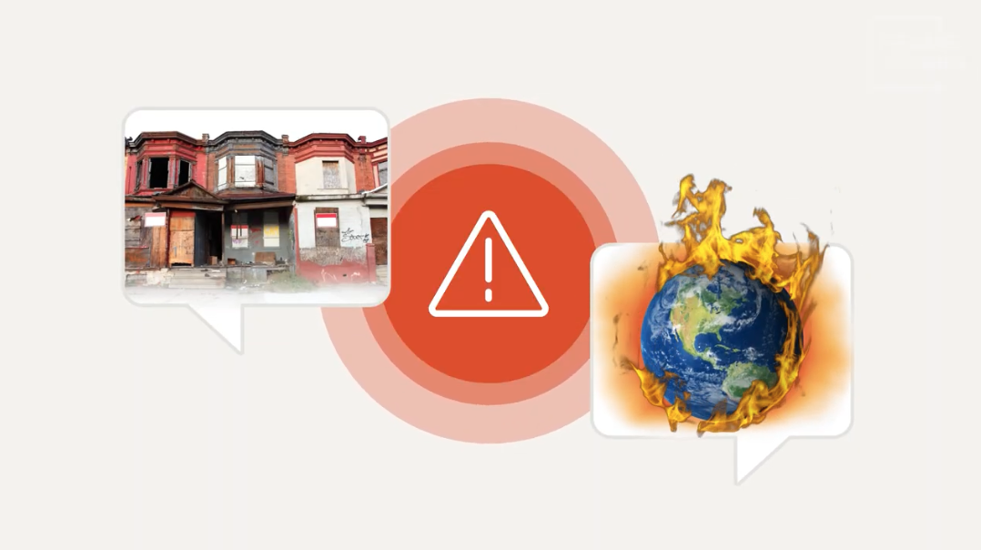 Visual metaphor for fatalism showing the world on fire and buildings crumbling.